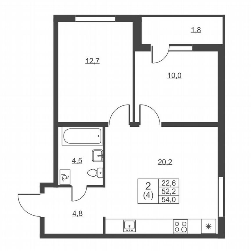 2-к. квартира, 54 м², 1/8 эт.