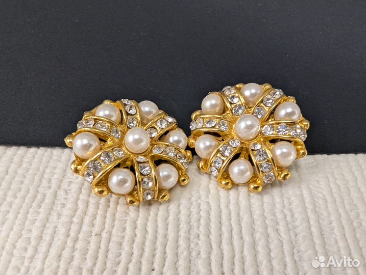 Винтажные клипсы с жемчугом и кристаллами