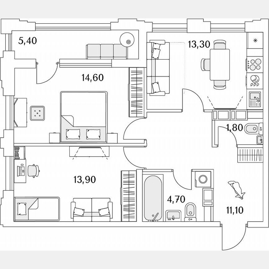 2-к. квартира, 62,3 м², 3/13 эт.