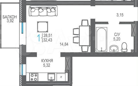 1-к. квартира, 32,4 м², 6/16 эт.