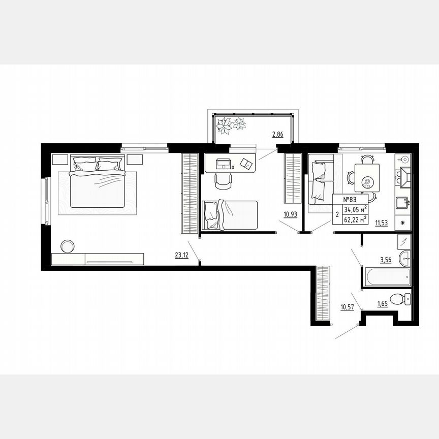 2-к. квартира, 62,2 м², 2/4 эт.