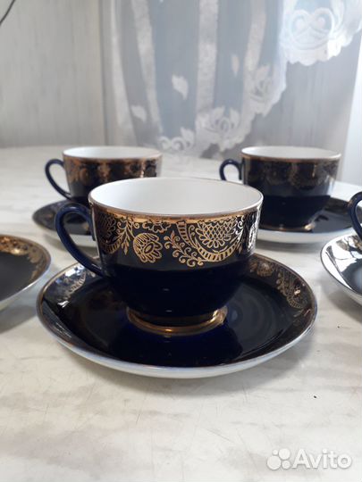 Чашки фарфоровые с блюдцем, 5 шт СССР, Кобальт лфз