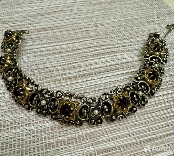 Браслет серебро гранат жемчуг антик