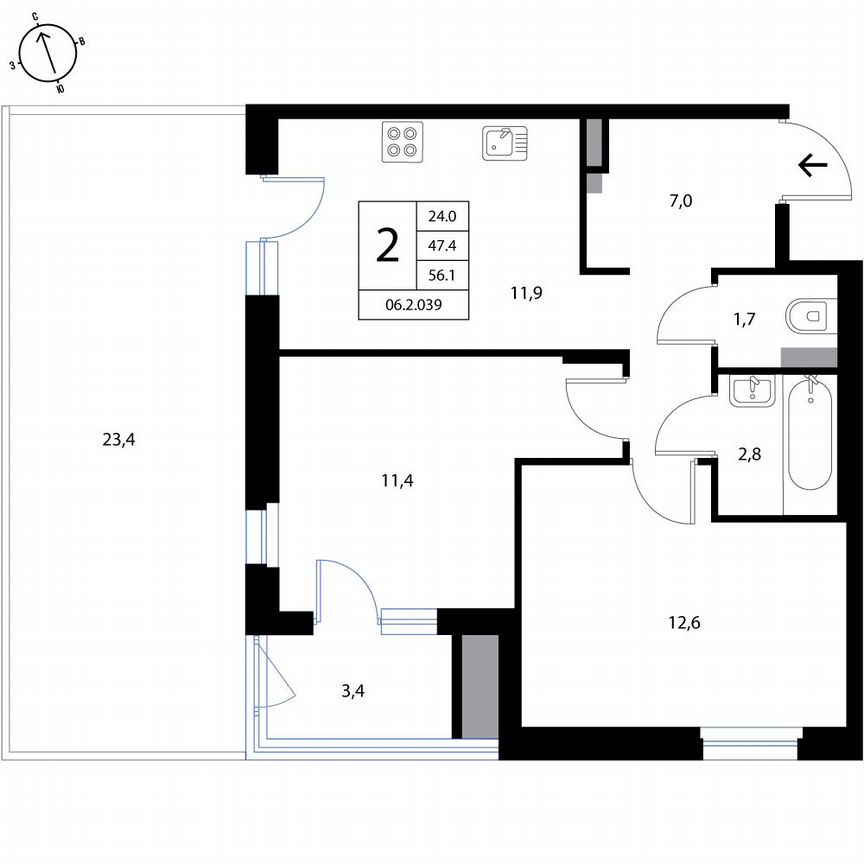 2-к. квартира, 56,1 м², 1/3 эт.