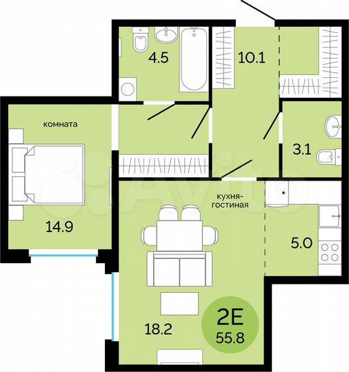 2-к. квартира, 55,8 м², 9/17 эт.