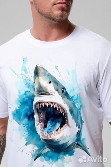Футболка мужская - белый+акула №Н-8492. Оптом