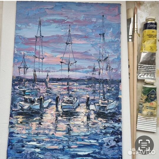 Картина маслом морской пейзаж лодки яхты море