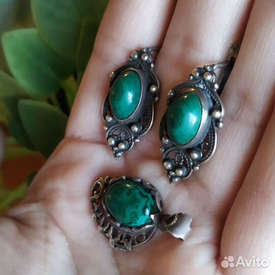 Комплект серебро 925 малахит винтаж серьги кулон