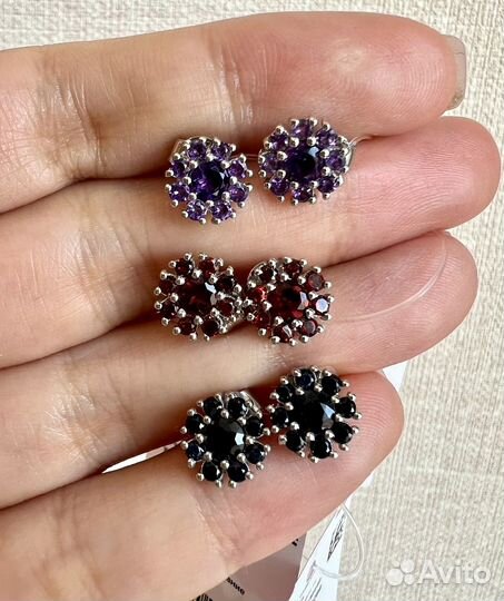 Пусеты гранат, сапфир и аметист