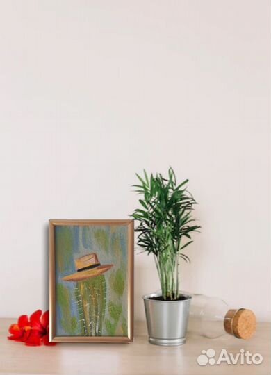 Картина маслом Кактус в шляпе оформленная в рамку