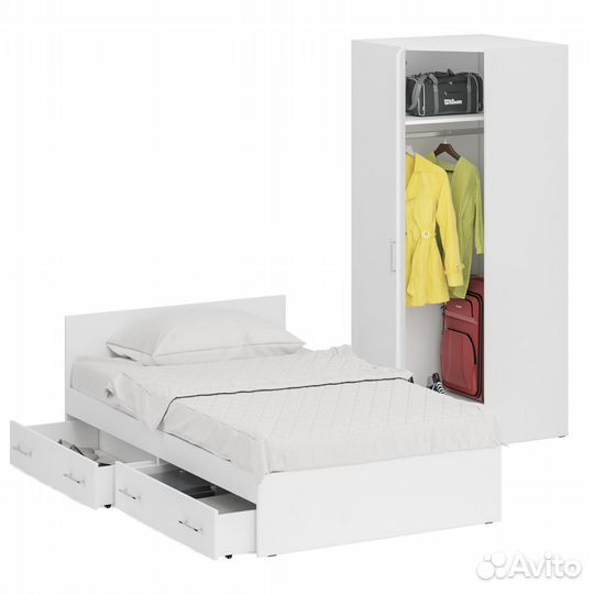 Кровать белая односпальная с ящиками 1200 с угловым шкафом Стандарт, цвет белый, спальное место 1200
