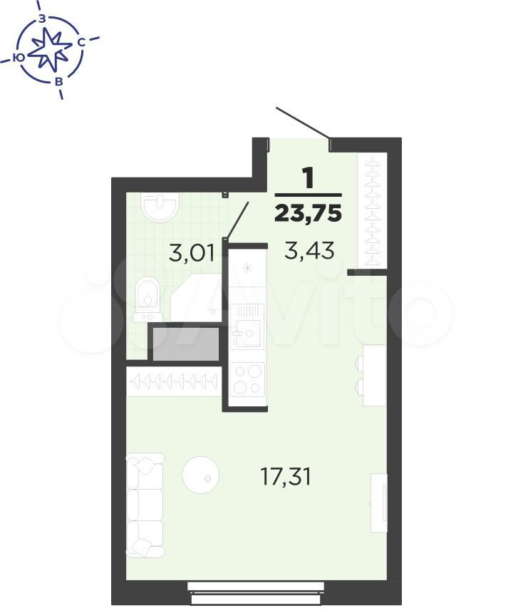 Квартира-студия, 23,8 м², 2/25 эт.