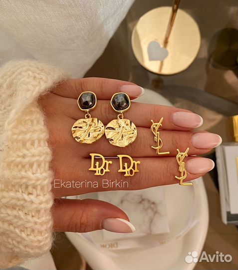 Серьги dior ysl цвет золото пусеты с камнем