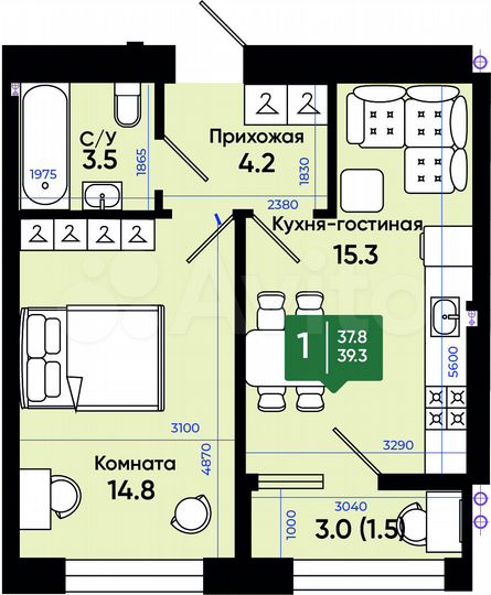 1-к. квартира, 39,3 м², 2/3 эт.