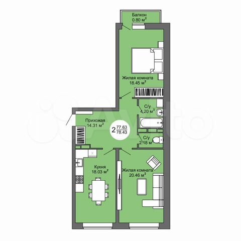 2-к. квартира, 78,4 м², 12/17 эт.