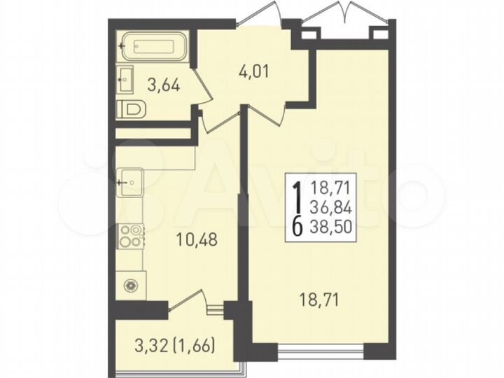 1-к. квартира, 38,5 м², 16/22 эт.