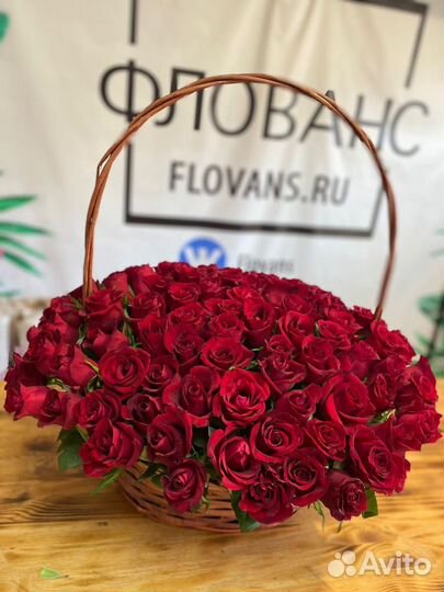 101 роза красная, в корзине