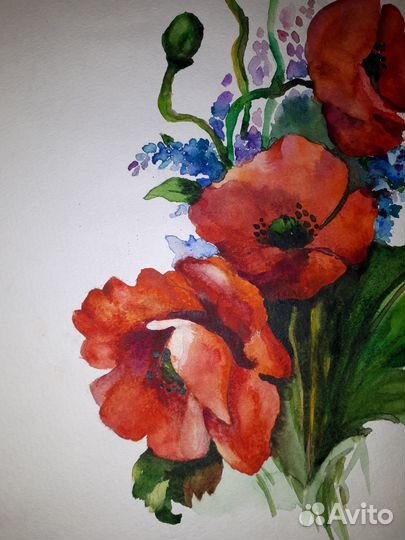 Картина с цветами Маки и незабудки, акварель