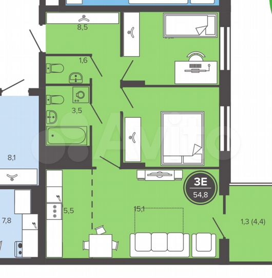 3-к. квартира, 54,6 м², 21/25 эт.