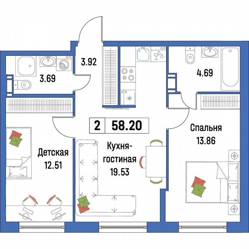 2-к. квартира, 58,2 м², 3/16 эт.