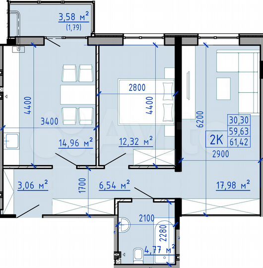 2-к. квартира, 60,8 м², 1/9 эт.