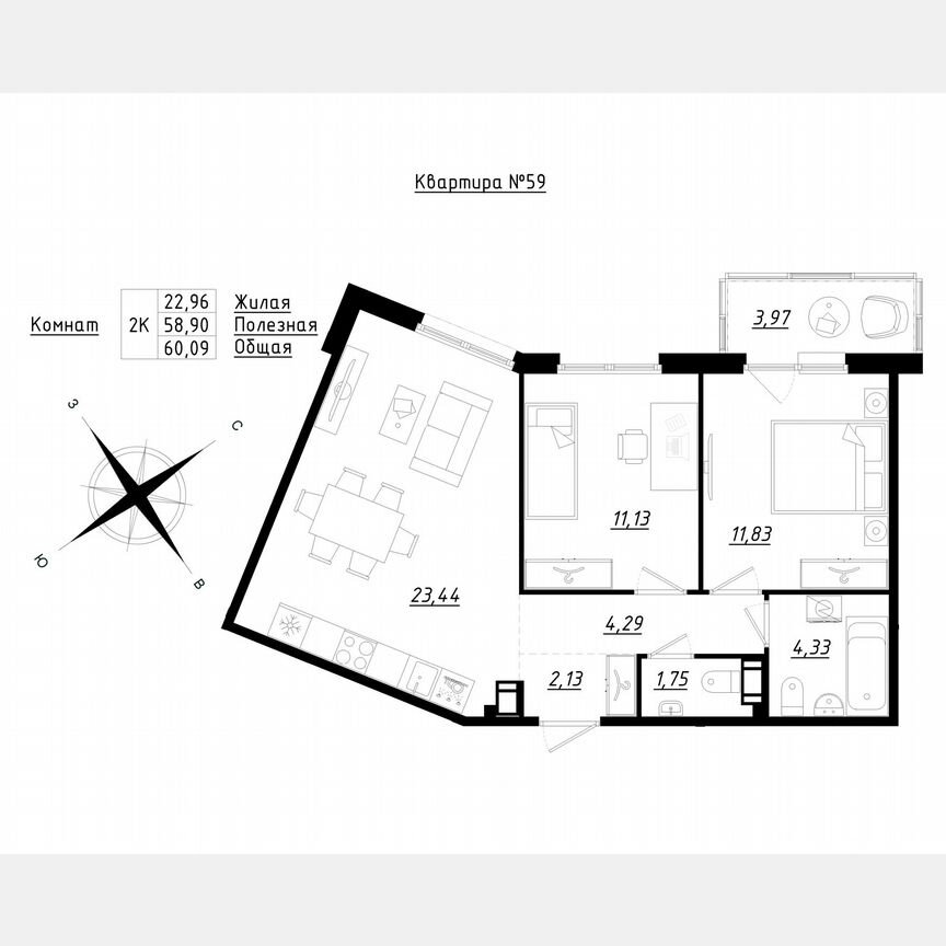 2-к. квартира, 60,1 м², 3/5 эт.