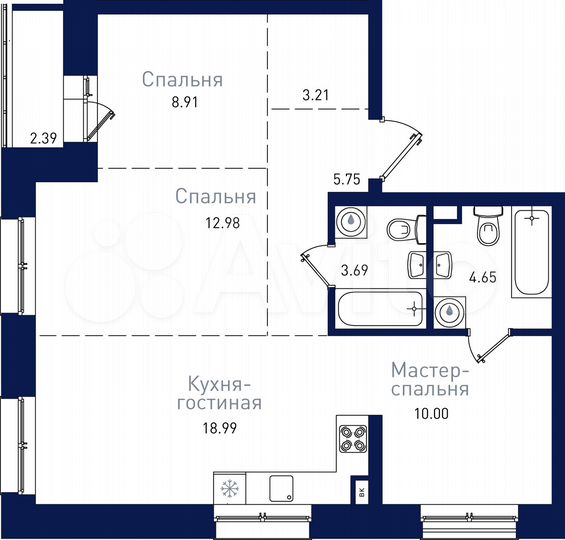3-к. квартира, 70,6 м², 2/19 эт.
