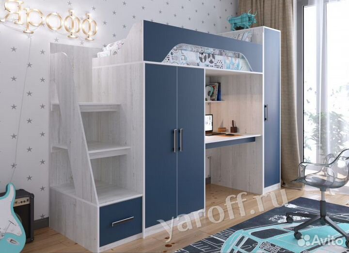 Кровать-чердак с рабочей зоной и шкафом