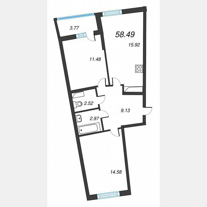 2-к. квартира, 60,4 м², 2/22 эт.