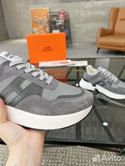 Кроссовки мужские Hermes натуральная кожа серые