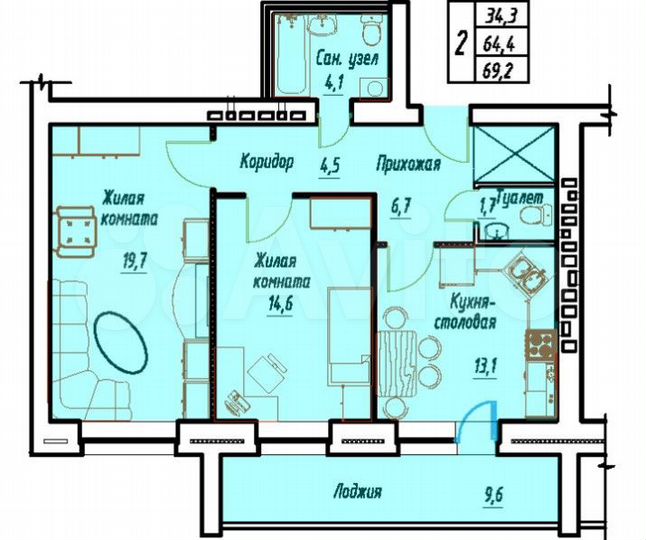 2-к. квартира, 69,2 м², 2/8 эт.
