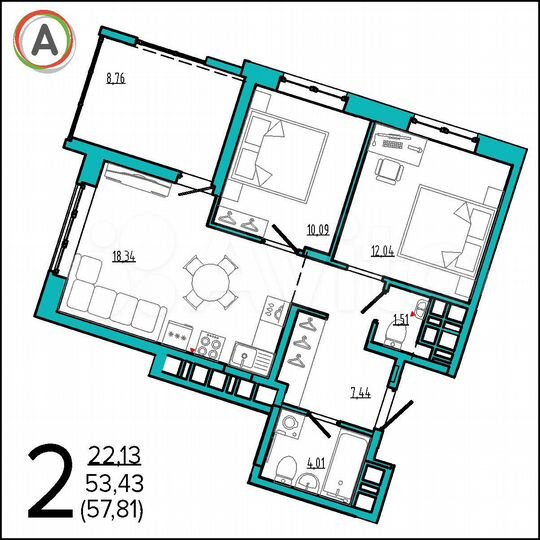 2-к. квартира, 57,9 м², 6/16 эт.