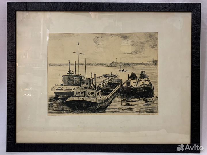 Картина Баржи на Волге. Светогоров Е.Д. 1971 год