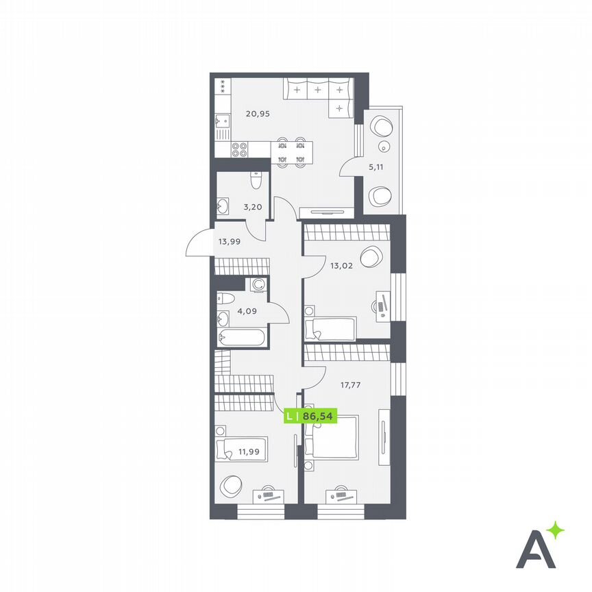 3-к. квартира, 86,5 м², 6/12 эт.