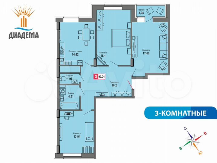 3-к. квартира, 90 м², 13/22 эт.