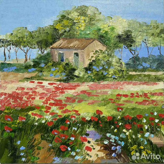 Картина маслом пейзаж Прованс. Маки