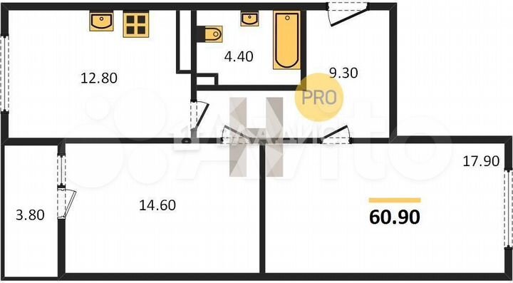 2-к. квартира, 60,9 м², 9/9 эт.