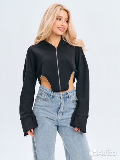 Худи женское зипка с капюшоном укороченное черное