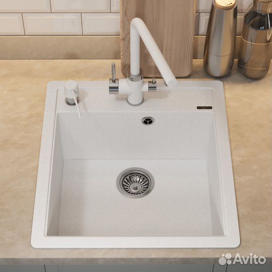Кухонная мойка кварцевая прямоугольная, белая
