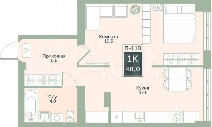 1-к. квартира, 48 м², 2/17 эт.
