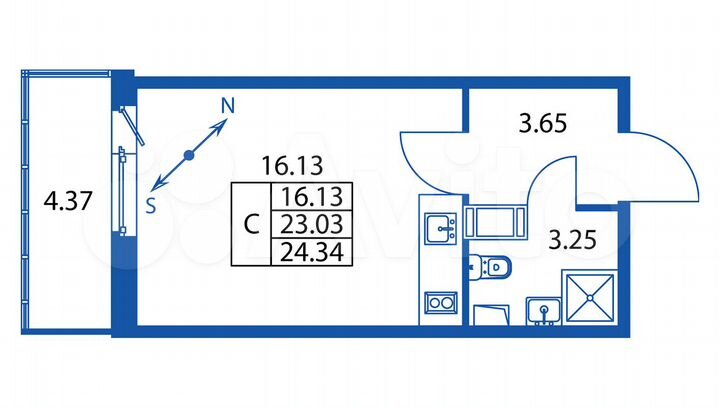 Квартира-студия, 24,3 м², 3/12 эт.