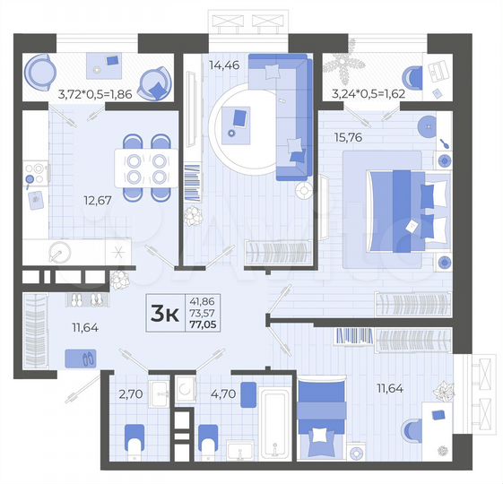 3-к. квартира, 77,1 м², 8/14 эт.