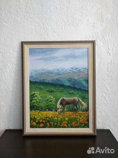 Картина маслом Пейзаж Горный луг Лошадь