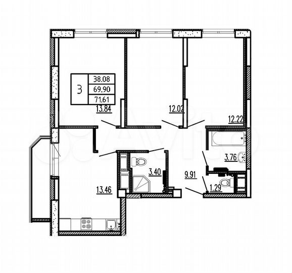 3-к. квартира, 71,7 м², 11/17 эт.