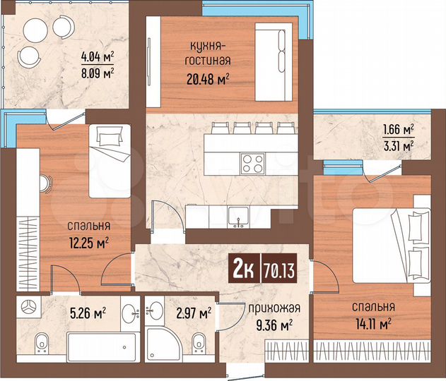 2-к. квартира, 70,1 м², 1/5 эт.