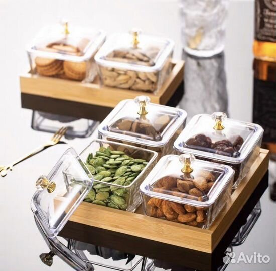 Менажница стекло с подносом дерево 4 и 6 шт