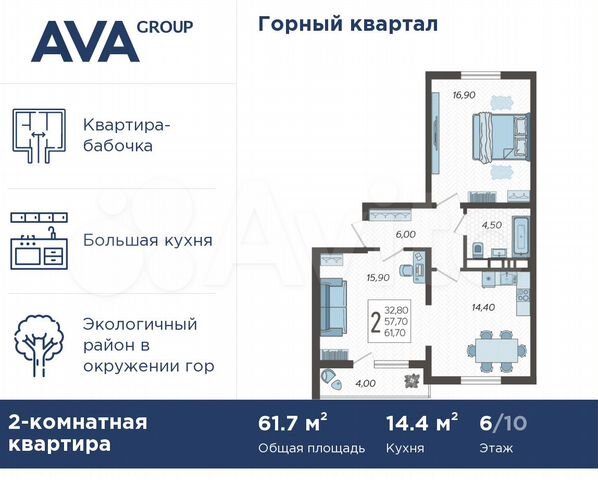 2-к. квартира, 61,7 м², 6/10 эт.