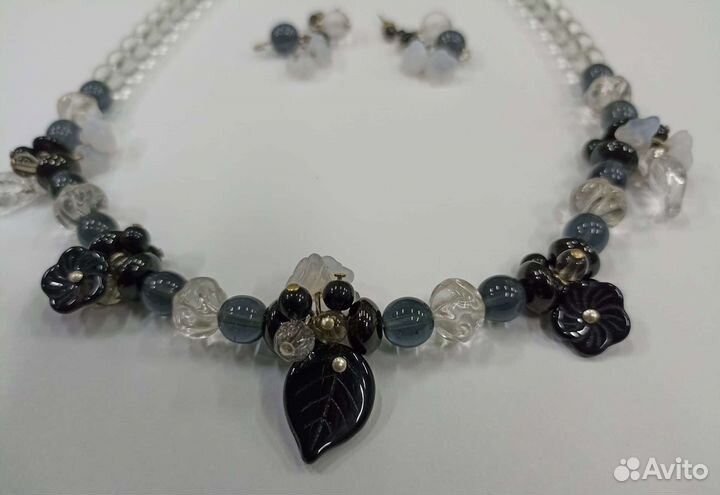 Бусы и серьги цветочки стекло Чехословакия