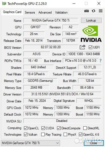 Видеокарта Asus GTX 750 Ti OC DDR5 2gb (Samsung)