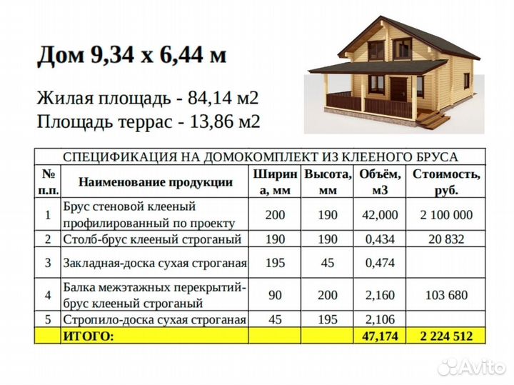 Домокомплекты из клееного бруса 6,44х9,34 м